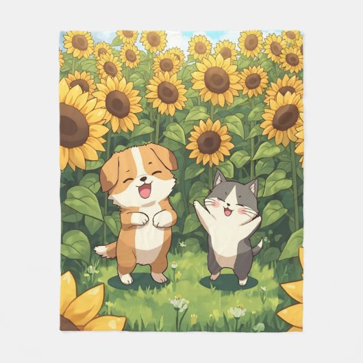 Couverture Polaire Cute Cat and Dog Sunflower Fleece Blanket (Devant)