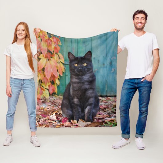 Couverture Polaire Cute Chat Chat Noir Kitten avec Porte Bleue Feuill (En situation)