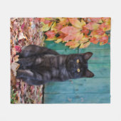 Couverture Polaire Cute Chat Chat Noir Kitten avec Porte Bleue Feuill (Devant (Horizontal))