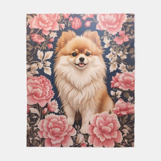Couverture Polaire Cute Chien Poméranien Rose Floral (Devant)