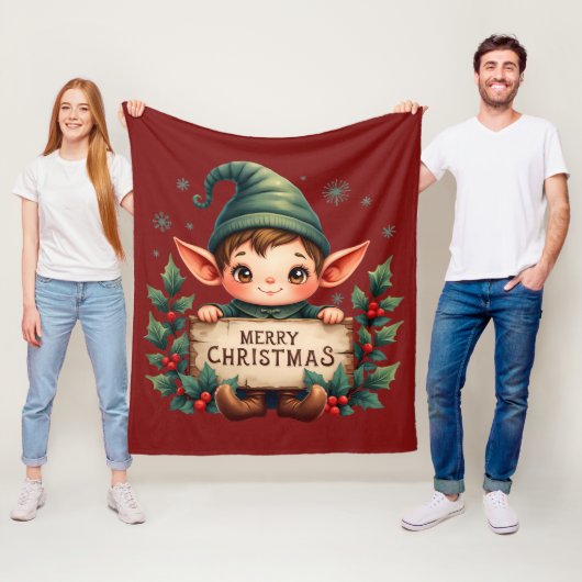Couverture Polaire Cute Christmas Elf Holding Merry Sign Red (En situation)