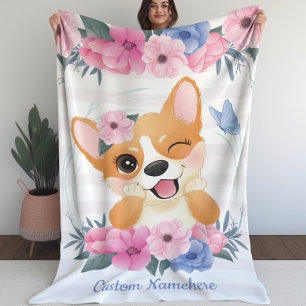 Couverture Polaire Cute Corgi Fleur de Chien Wreath Bleu Papillon Per