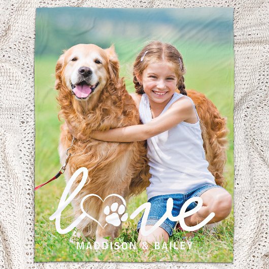 Couverture Polaire Cute Dog LOVE Empreinte de patte Custom Pet Photo