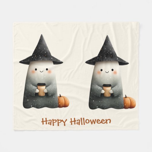 Couverture Polaire Cute fantôme avec Halloween café (Devant (Horizontal))