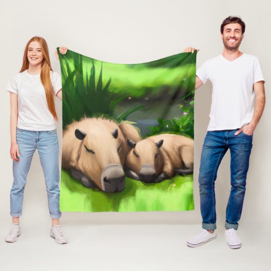 Couverture Polaire Cute Funny Napping Capybaras par l'étang (En situation)