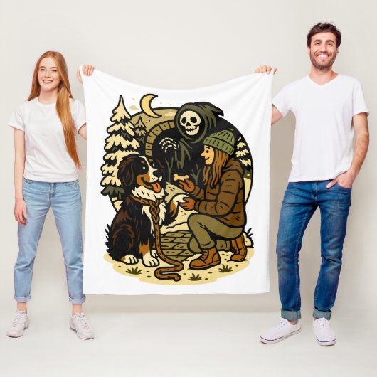 Couverture Polaire Cute Grim Reaper Girl and Dog Spooky Forest Night (En situation)