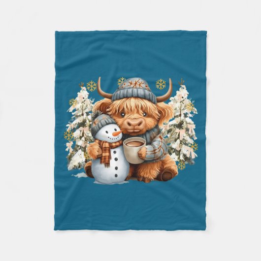 Couverture Polaire Cute Highland Cow With Snowman Hot Cocoa Christmas (Devant)