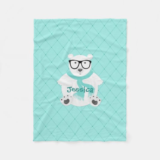 Couverture Polaire Cute Hipster Polar Bear Turquoise Faux Quilt Nom (Devant)