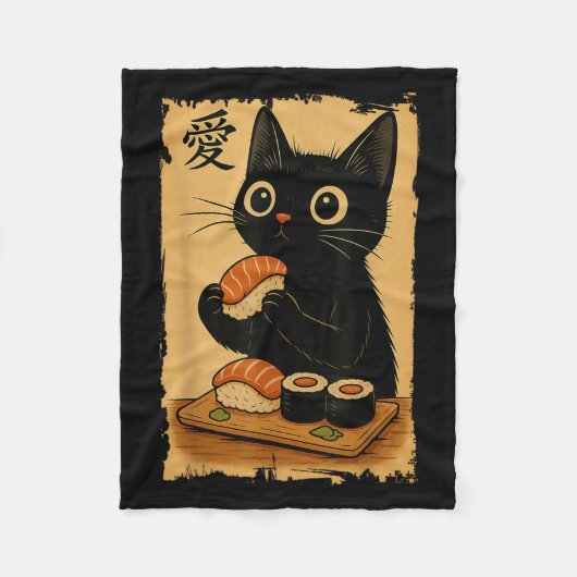 Couverture Polaire Cute Kawaii Chat Noir Manger Sushi Drôle Japonais (Devant)