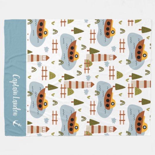 Couverture Polaire Cute Nautical Lighthouse and Boat Kid Motif (Devant (Horizontal))