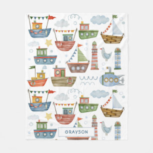 Couverture Polaire Cute Nautical Watercolor Boats Personnalisé