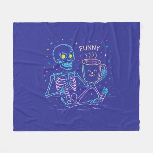 Couverture Polaire Cute Neon Skeleton Drinking Coffee – Funny Pastel  (Devant (Horizontal))