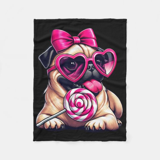 Couverture Polaire Cute Pug With Heart Sungles Bow Valentine Dog Mom (Devant)