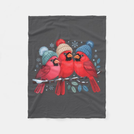 Couverture Polaire Cute Red Cardinals With Knitted Hats Winter Bird A (Devant)