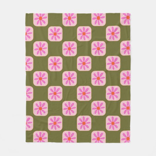 Couverture Polaire Cute Retro Boho Checkerboard Fleur vert rose  (Devant)