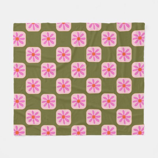 Couverture Polaire Cute Retro Boho Checkerboard Fleur vert rose  (Devant (Horizontal))