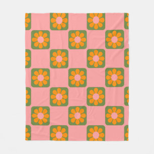 Couverture Polaire Cute Retro Hippie Fleur Checkerboard Rose Vert