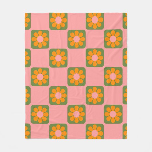 Couverture Polaire Cute Retro Hippie Fleur Checkerboard Rose Vert  (Devant)