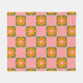 Couverture Polaire Cute Retro Hippie Fleur Checkerboard Rose Vert  (Devant (Horizontal))