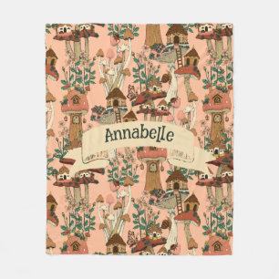 Couverture Polaire Cute rose Cottagecore Floral Mushroom House Imprim
