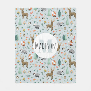 Couverture Polaire Cute Rustic Woodland Forest Animaux Enfants Monogr