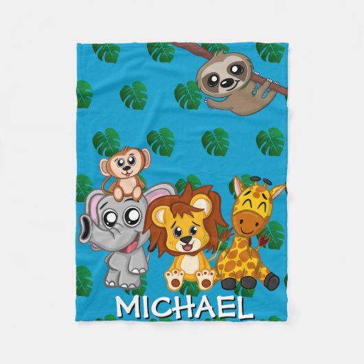 Couverture Polaire Cute Safari Animaux Dessin Bleu Nom de la jungle G (Devant)