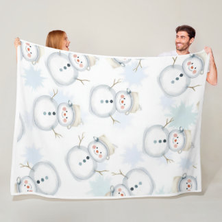 Couverture Polaire Cute Snowman & Snowflake Motif Blanche