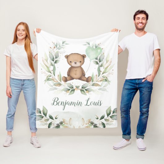 Couverture Polaire Cute Teddy Ours Vert Or Balloon Nursery Baby (En situation)