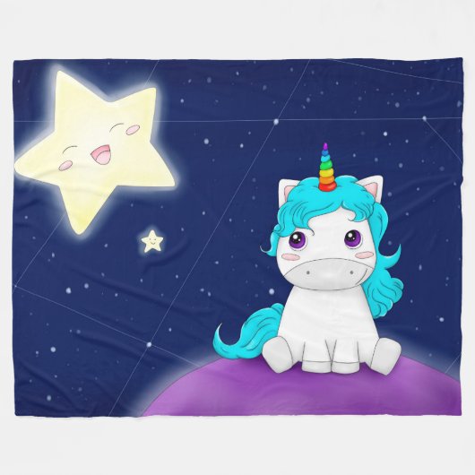 Couverture Polaire Cute Unicorn et étoiles (Devant (Horizontal))