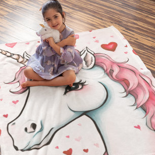 Couverture Polaire Cute Unicorne avec Coeurs