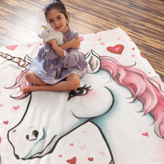 Couverture Polaire Cute Unicorne avec Coeurs