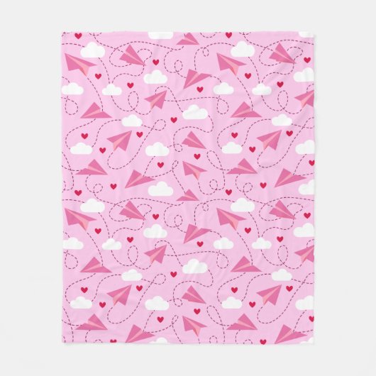 Couverture Polaire Cute Valentine Volant Avion Rouge Coeurs Rose (Devant)