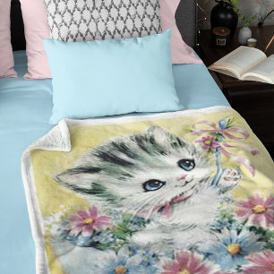 Couverture Polaire Cute Vintage Image Kitten Umbrella Fleurs de print