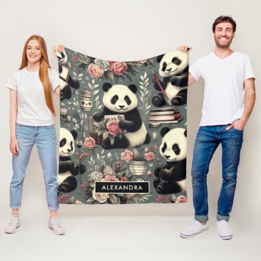 Couverture Polaire Cute Vintage Panda Floral (En situation)