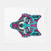 Couverture Polaire Cyberpunk Neon Wolf - Synthwave Robotic Animal (Devant (Horizontal))