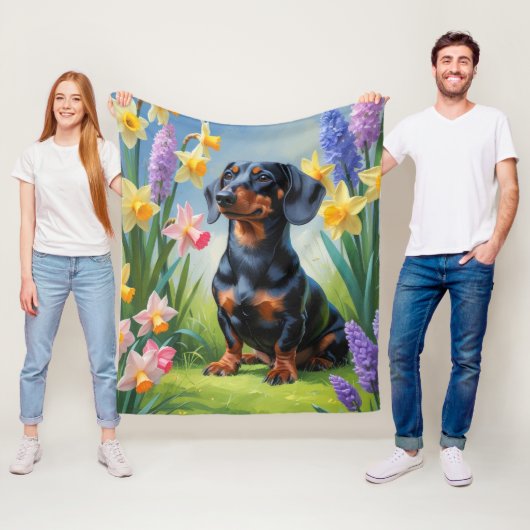 Couverture Polaire Dachshund Chien Fleurs de printemps Peinture (En situation)