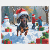 Couverture Polaire Dachshund Courir en neige avec Casquette de Noël (Devant (Horizontal))