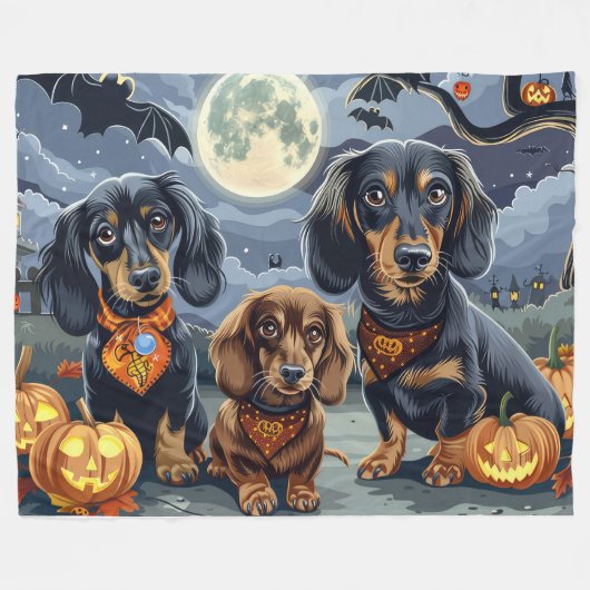 Couverture Polaire Dachshund Halloween Éffrayant (Devant (Horizontal))