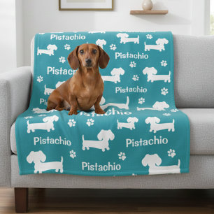Couverture Polaire Dachshund Wiener Dog Blanche personnalisée Turquoi