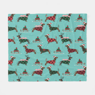 Couverture Polaire Dachshunts de Noël portant un chandail et un chape
