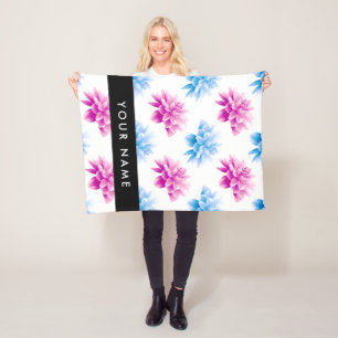 Couverture Polaire Dahlia rose et bleu, motif floral, votre nom