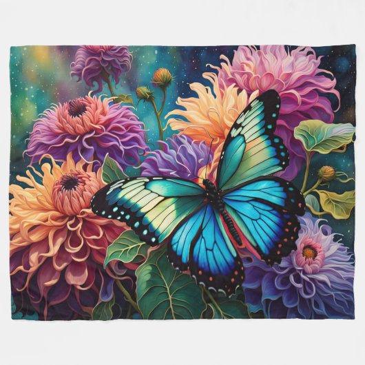 Couverture Polaire Dahlias Et Papillon Vert Bleu Iridescente (Devant (Horizontal))