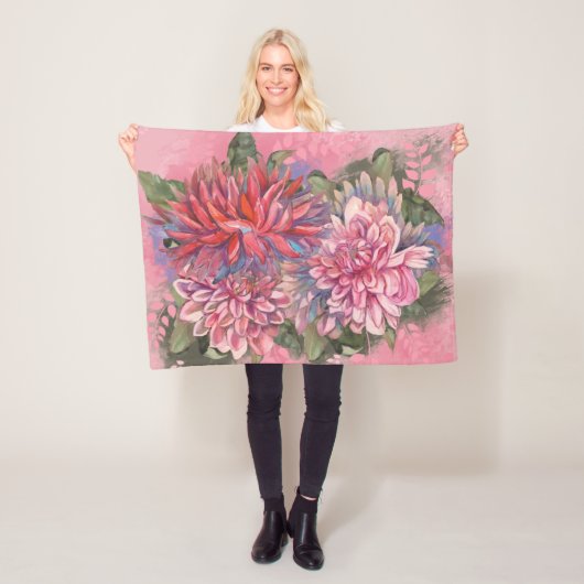 Couverture Polaire Dahlias flowers pink watercolor pattern (En situation)