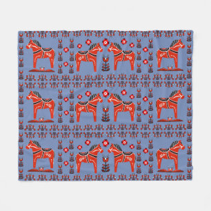 Couverture Polaire Dala folk horse, nordique/norvégien, rouge/bleu