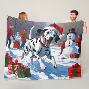 Couverture Polaire Dalmatien courant dans la neige avec un chapeau de
