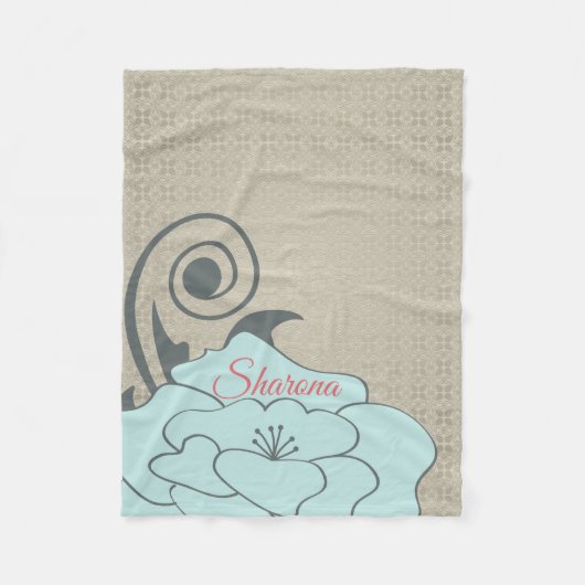 Couverture Polaire Damas Beige Et Fleur Bleue (Devant)