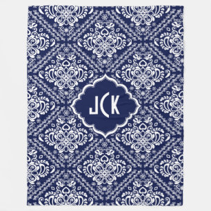 Couverture Polaire Damas florales blanches monogrammes et Arrière - p
