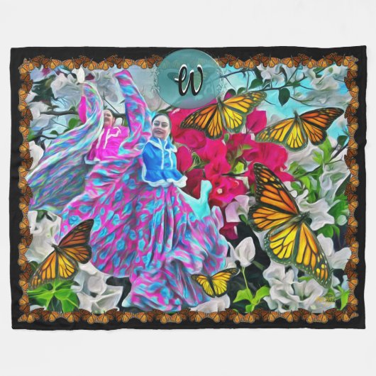 Couverture Polaire Danse avec Fleurs et Papillons PV01 (Devant (Horizontal))