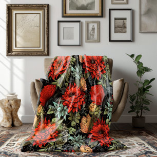 Couverture Polaire Dark Academia Maximalist Red Dahlia Floral
