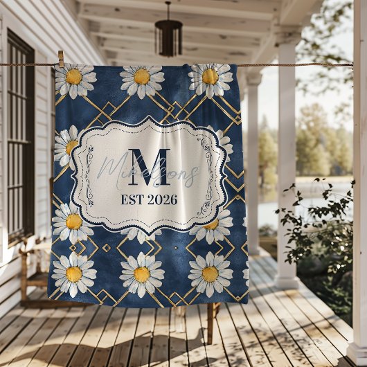 Couverture Polaire Décor personnalisé avec monogramme en vichy marine